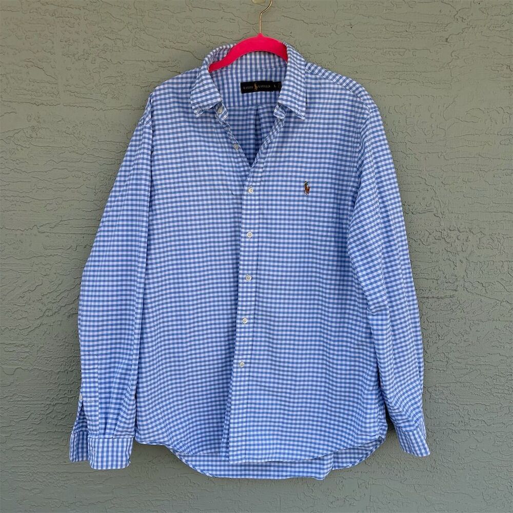 Ralph Lauren Men's L Blue Gingham Check Long Sleeve Button-Down Shirt